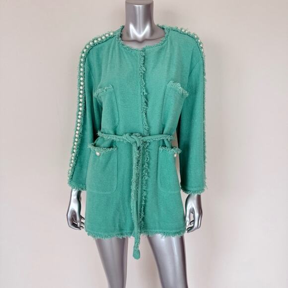 CHANEL women tweed light green jacket with pearls size 40 FR or 8 US 5800$ - Picture 1 of 14